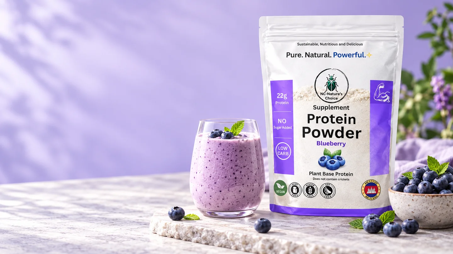 Nature’s Choice blueberry protein with blueberries and a shake