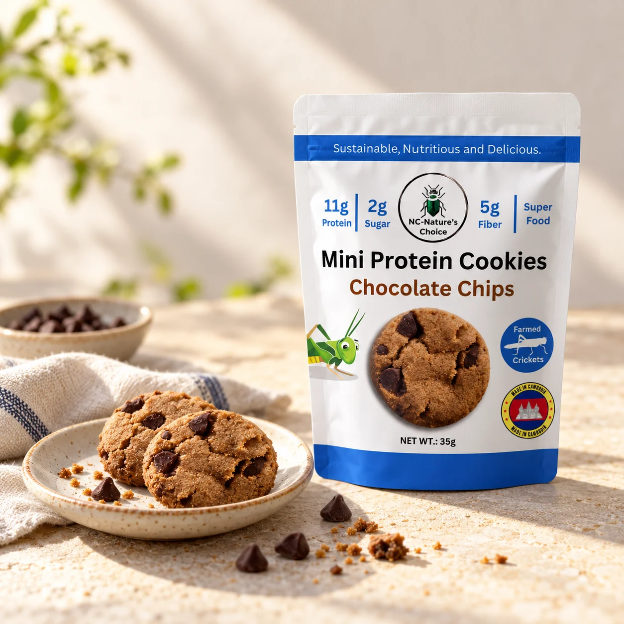 Chocolate chip protein cookies and their Nature’s Choice packaging